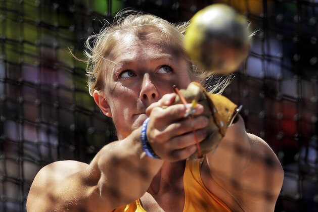 Maggie Ewen competes during qualifying for women's hammer throw at the U.S. Olympic Track and Field Trials, Wednesday, July 6, 2016, in Eugene Ore. (AP Photo/Matt Slocum)