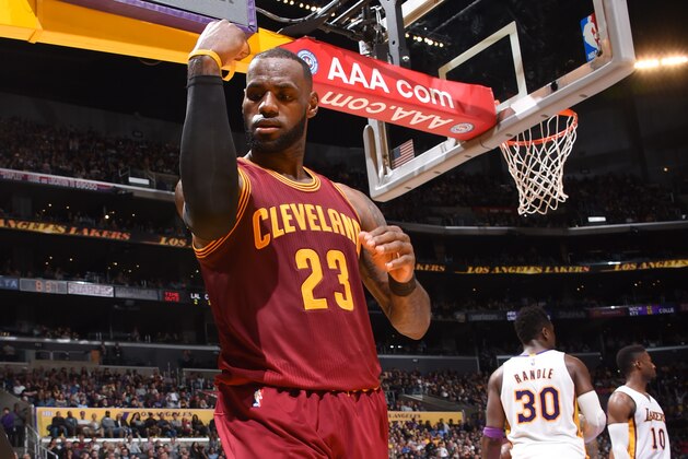 LOS ANGELES, CA - MARCH 19: LeBron James #23 of the Cleveland Cavaliers reacts during the game against the Los Angeles Lakers on March 19, 2017 at STAPLES Center in Los Angeles, California. NOTE TO USER: User expressly acknowledges and agrees that, by downloading and/or using this Photograph, user is consenting to the terms and conditions of the Getty Images License Agreement. Mandatory Copyright Notice: Copyright 2016 NBAE (Photo by Andrew D. Bernstein/NBAE via Getty Images)