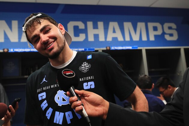 GLENDALE, AZ - APRIL 03: Luke Maye #32 of the North Carolina Tar Heels speaks to media in the locker room after defeating the Gonzaga Bulldogs during the 2017 NCAA Men's Final Four National Championship game at University of Phoenix Stadium on April 3, 2017 in Glendale, Arizona. The Tar Heels defeated the Bulldogs 71-65.  (Photo by Ronald Martinez/Getty Images)