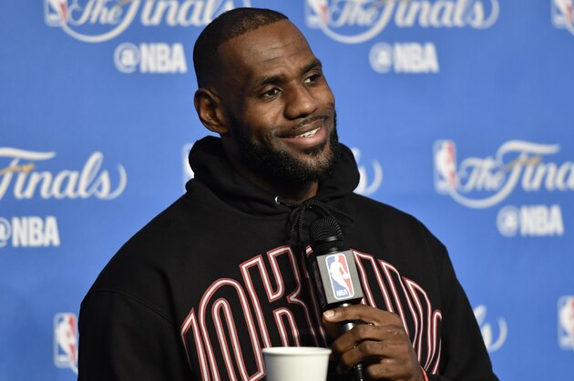 CLEVELAND, OH - JUNE 08:  LeBron James #23 of the Cleveland Cavaliers talks to the media during a press conference after practice and media availability as part of the 2017 NBA Finals on June 08, 2017 at Quicken Loans Arena in Cleveland, Ohio. NOTE TO USER: User expressly acknowledges and agrees that, by downloading and or using this photograph, User is consenting to the terms and conditions of the Getty Images License Agreement. Mandatory Copyright Notice: Copyright 2017 NBAE (Photo by David Liam Kyle/NBAE via Getty Images)