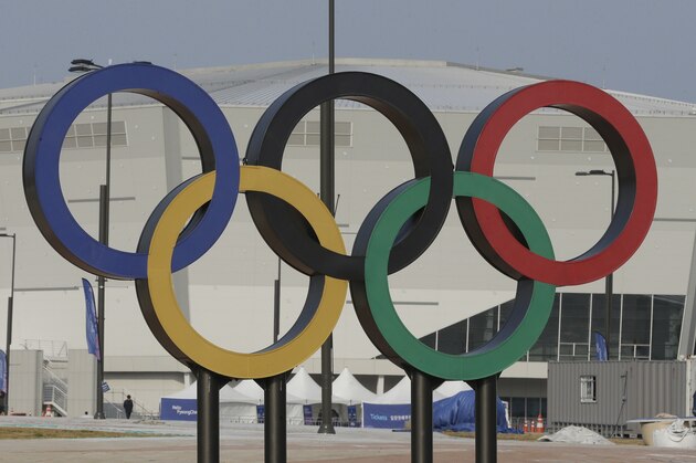 Olympic rings are seen in front of Gangneung Hockey Center in Gangneung, South Korea, Tuesday, April 4, 2017. South Korean Olympic organizers still hope to see NHL players competing at next year's Winter Games despite the National Hockey League's insistence it won't happen. (AP Photo/Ahn Young-joon)