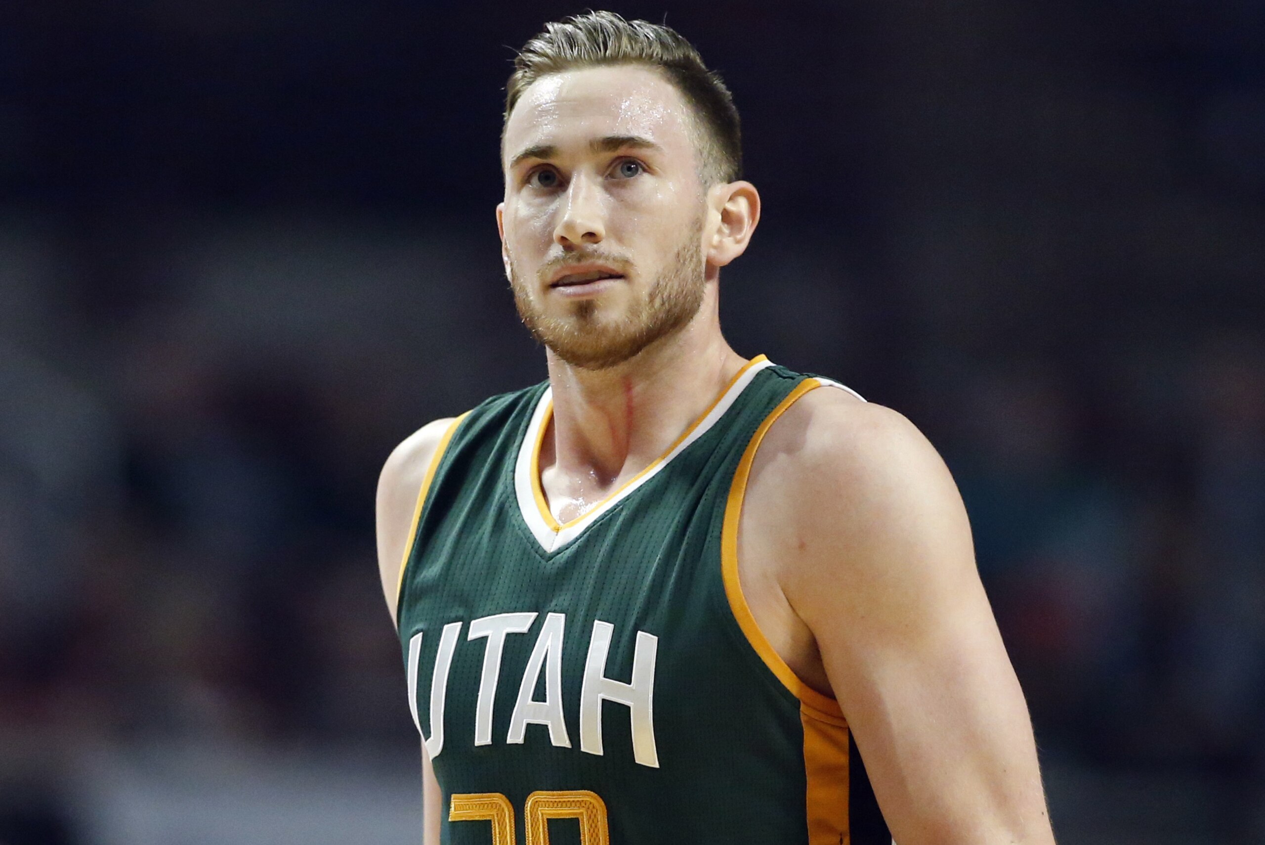 Utah Jazz guard/forward Gordon Hayward looks up as he walks on the court during the first half of an NBA basketball game against the Chicago Bulls Saturday, March 18, 2017, in Chicago. (AP Photo/Nam Y. Huh)