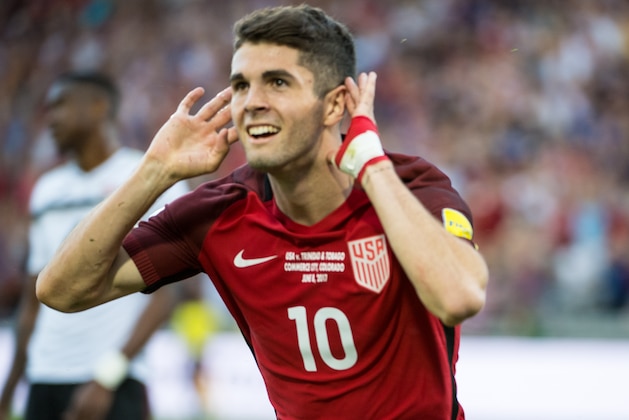 COMMERCE CITY, CO - JUNE 8:  Christian Pulisic #10 of United States celebrates his first goal during the World Cup Qualifier match between the United States and Trinidad & Tobago at Dick's Sporting Goods Park on June 8, 2017 in Commerce City, Colorado.  The United States won the match 2-0 (Photo by Shaun Clark/Getty Images)