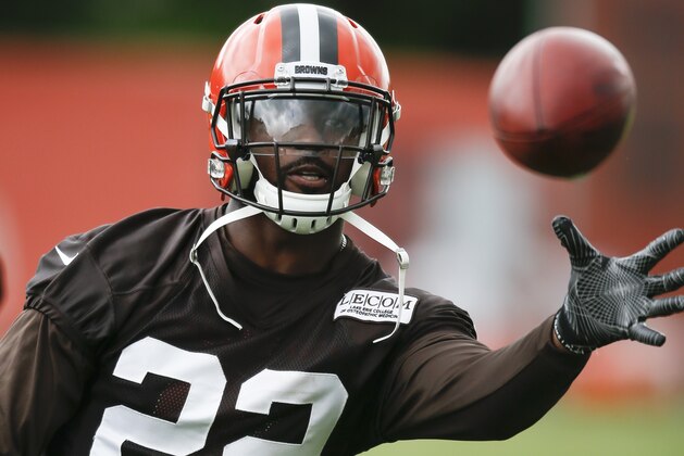 Cleveland Browns' Tyvis Powell makes a catch during the team's organized team activity at its NFL football training facility Tuesday, June 6, 2017, in Berea, Ohio. (AP Photo/Ron Schwane)