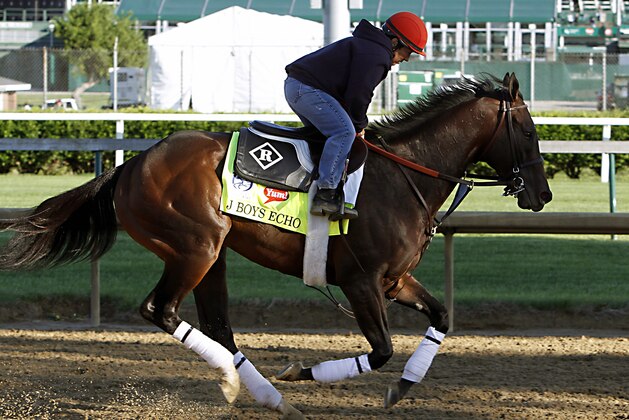Exercise rider Tammy Fox gallops Kentucky Derby hopeful J Boys Echo at Churchill Downs in Louisville, Ky., Tuesday, May 2, 2017. The 143rd running of the Kentucky Derby is Saturday, May 6. (AP Photo/Garry Jones)