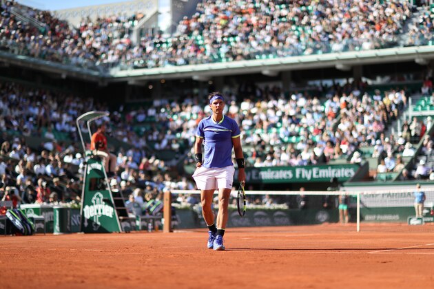 PARIS, FRANCE - JUNE 09: Rafael Nadal of Spain looks on during his semi-final match with Dominic Thiem of Austria, on day thirteen at Roland Garros on June 9, 2017 in Paris, France. (Photo by Ian MacNicol/Getty Images)