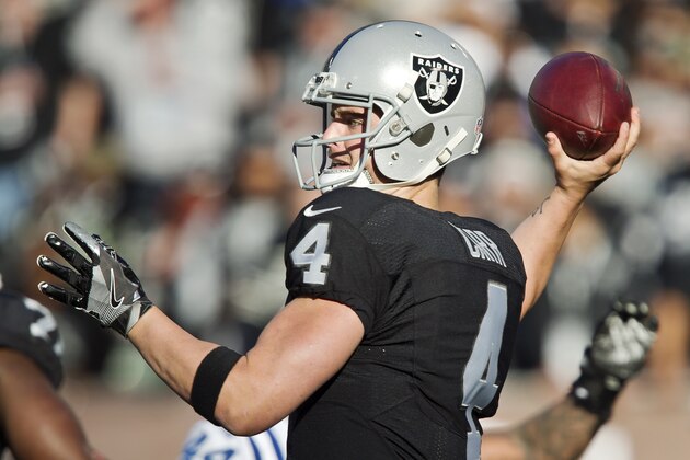 OAKLAND, CA - DECEMBER 24:  Quarterback Derek Carr #4 of the Oakland Raiders throws the ball against the Indianapolis Colts in the third quarter on December 24, 2016 at Oakland-Alameda County Coliseum in Oakland, California.  The Raiders won 33-25.  (Photo by Brian Bahr/Getty Images)