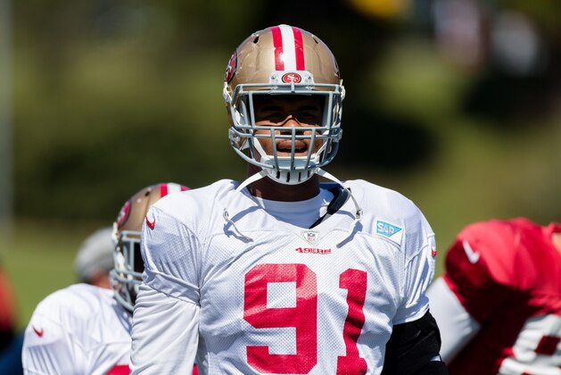 Aug 10, 2016; San Francisco, CA, USA; San Francisco 49ers defensive end Arik Armstead (91) during training camp at Kezar Stadium. Mandatory Credit: John Hefti-USA TODAY Sports