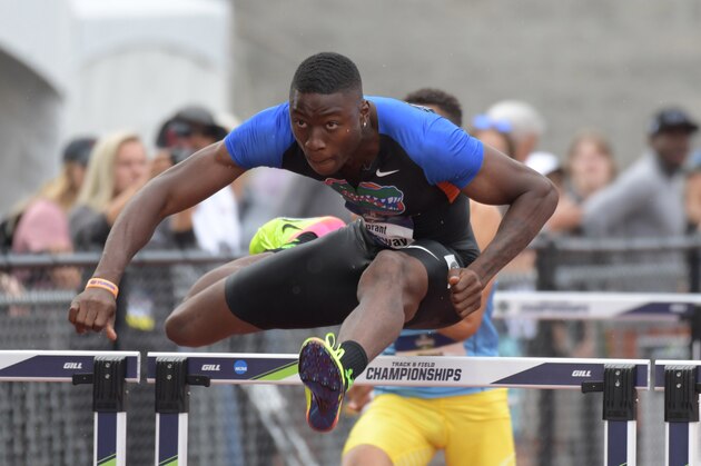 Jun 7, 2017; Eugene, OR, USA; Grant Holloway of Florida wins 110m hurdles heat in 13.41 during the NCAA Track and Field Championships at Hayward Field. Mandatory Credit: Kirby Lee-USA TODAY Sports