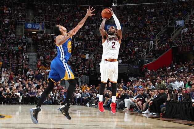 CLEVELAND, OH - JUNE 09:  Kyrie Irving #2 of the Cleveland Cavaliers shoots a three point basket in Game Four of the 2017 NBA Finals against the Golden State Warriors on June 9, 2017 at Quicken Loans Arena in Cleveland, Ohio. NOTE TO USER: User expressly acknowledges and agrees that, by downloading and or using this photograph, user is consenting to the terms and conditions of Getty Images License Agreement. Mandatory Copyright Notice: Copyright 2017 NBAE (Photo by Nathaniel S. Butler/NBAE via Getty Images)
