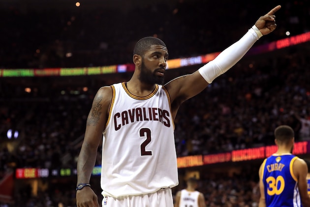 CLEVELAND, OH - JUNE 09:  Kyrie Irving #2 of the Cleveland Cavaliers gestures to the crowd in the third quarter against the Golden State Warriors in Game 4 of the 2017 NBA Finals at Quicken Loans Arena on June 9, 2017 in Cleveland, Ohio. NOTE TO USER: User expressly acknowledges and agrees that, by downloading and or using this photograph, User is consenting to the terms and conditions of the Getty Images License Agreement.  (Photo by Ronald Martinez/Getty Images)