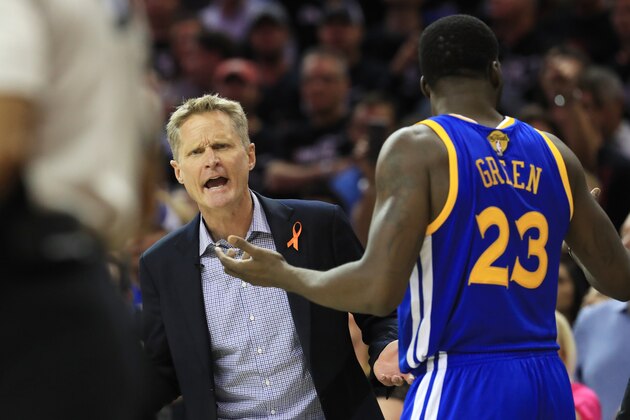 CLEVELAND, OH - JUNE 09: Steve Kerr of the Golden State Warriors reacts against the Cleveland Cavaliers in Game 4 of the 2017 NBA Finals at Quicken Loans Arena on June 9, 2017 in Cleveland, Ohio. NOTE TO USER: User expressly acknowledges and agrees that, by downloading and or using this photograph, User is consenting to the terms and conditions of the Getty Images License Agreement.  (Photo by Ronald Martinez/Getty Images)