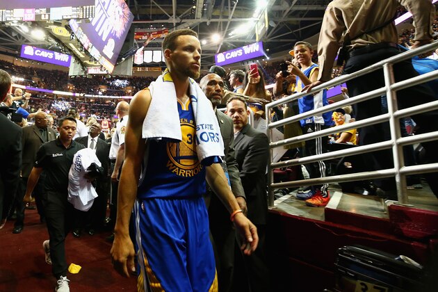 CLEVELAND, OH - JUNE 09:  Stephen Curry #30 of the Golden State Warriors walks off the court after being defeated b the Cleveland Cavaliers in Game 4 of the 2017 NBA Finals at Quicken Loans Arena on June 9, 2017 in Cleveland, Ohio. NOTE TO USER: User expressly acknowledges and agrees that, by downloading and or using this photograph, User is consenting to the terms and conditions of the Getty Images License Agreement. The Cavaliers defeated the Warriors 137-116.  (Photo by Ronald Martinez/Getty Images)