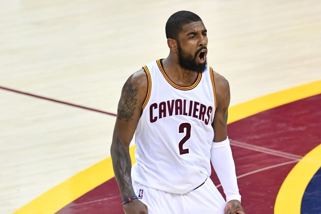 CLEVELAND, OH - JUNE 09:  Kyrie Irving #2 of the Cleveland Cavaliers reacts against the Golden State Warriors in Game 4 of the 2017 NBA Finals at Quicken Loans Arena on June 9, 2017 in Cleveland, Ohio. NOTE TO USER: User expressly acknowledges and agrees that, by downloading and or using this photograph, User is consenting to the terms and conditions of the Getty Images License Agreement.  (Photo by Jason Miller/Getty Images)