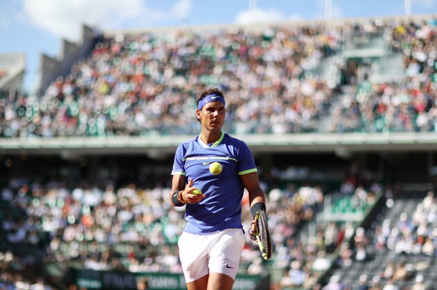 PARIS, FRANCE - JUNE 09: Rafael Nadal of Spain looks on during his semi-final match with Dominic Thiem of Austria, on day thirteen at Roland Garros on June 9, 2017 in Paris, France. (Photo by Ian MacNicol/Getty Images)