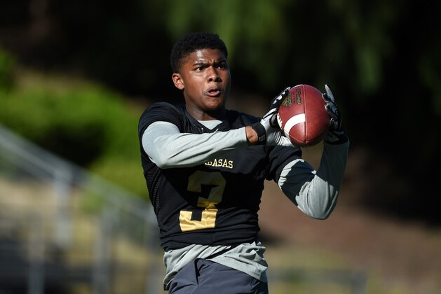 Apr 12, 2016; Calabasas, CA, USA; Calabasas High Coyotes receiver Keyshawn Johnson Jr. (3) catches a pass during practice. Mandatory Credit: Kirby Lee-USA TODAY Sports