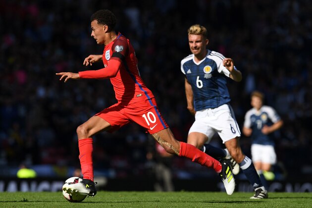 England's midfielder Dele Alli runs with the ball during the group F World Cup qualifying football match between Scotland and England at Hampden Park in Glasgow on June 10, 2017. / AFP PHOTO / Paul ELLIS / NOT FOR MARKETING OR ADVERTISING USE / RESTRICTED TO EDITORIAL USE (Photo credit should read PAUL ELLIS/AFP/Getty Images) England's midfielder Dele Alli runs with the ball during the group F World Cup qualifying football match between Scotland and England at Hampden Park in Glasgow on June 10, 2017. / AFP PHOTO / Paul ELLIS / NOT FOR MARKETING OR ADVERTISING USE / RESTRICTED TO EDITORIAL USE (Photo credit should read PAUL ELLIS/AFP/Getty Images)