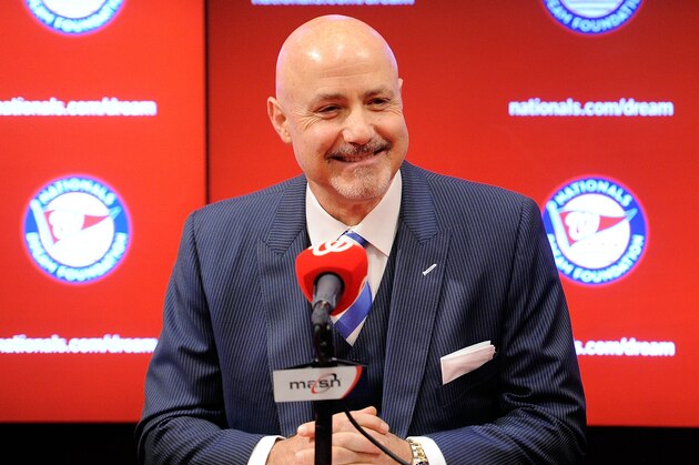 WASHINGTON, DC - NOVEMBER 05:  General Manager Mike Rizzo of the Washington Nationals introduces Manager Dusty Baker (not pictured) at Nationals Park on November 5, 2015 in Washington, DC.  (Photo by G Fiume/Getty Images)
