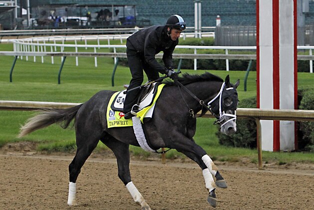 Kentucky Derby entrant Tapwrit, ridden by exercise rider Silvio Pioli, gallops during a morning workout at Churchill Downs in Louisville, Ky., Thursday, May 4, 2017. The Kentucky Derby horse race is set for Saturday, May 6. (AP Photo/Garry Jones)
