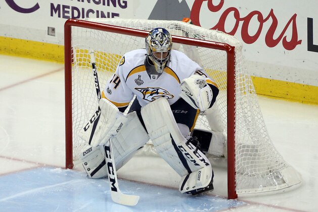 Jun 8, 2017; Pittsburgh, PA, USA; Nashville Predators goalie Juuse Saros (74) takes over in goal for goalie Pekka Rinne (35) against the Pittsburgh Penguins during the second period in game five of the 2017 Stanley Cup Final at PPG PAINTS Arena. Mandatory Credit: Charles LeClaire-USA TODAY Sports