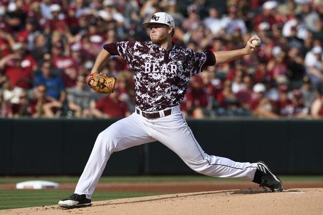 Missouri State pitcher Doug Still throws a pitch in the second inning against Arkansas during an NCAA college baseball regional tournament game, Monday, June 5, 2017, in Fayetteville, Ark. (AP Photo/Michael Woods)