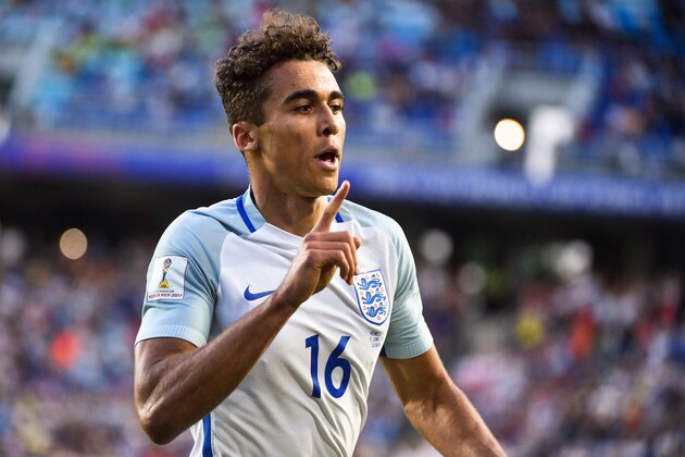 England's forward Dominic Calvert-Lewin celebrates a goal during the U-20 World Cup final football match between England and Venezuela in Suwon on June 11, 2017.  / AFP PHOTO / KIM DOO-HO        (Photo credit should read KIM DOO-HO/AFP/Getty Images)
