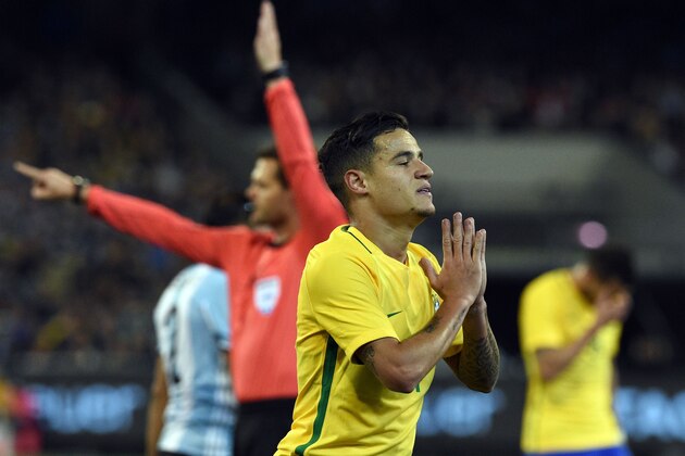 Brazil's Philippe Correia reacts after he misses a shot during the friendly international football match between Brazil and Argentina at the MCG in Melbourne on June 9, 2017. / AFP PHOTO / SAEED KHAN / IMAGE RESTRICTED TO EDITORIAL USE - STRICTLY NO COMMERCIAL USE        (Photo credit should read SAEED KHAN/AFP/Getty Images)