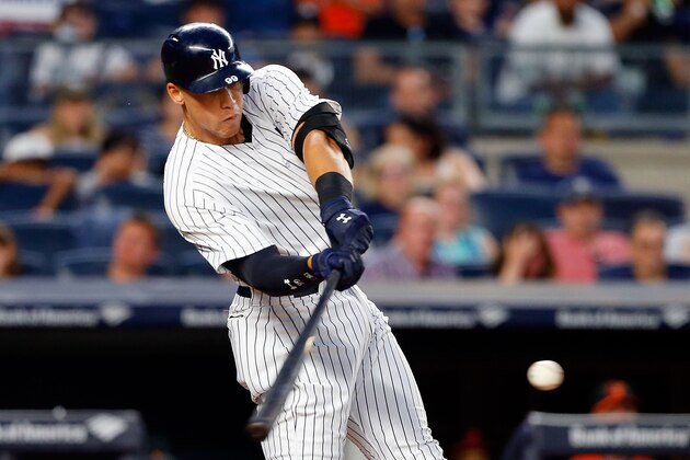 NEW YORK, NY - JUNE 10:  Aaron Judge #99 of the New York Yankees connects on a fourth inning single against the Baltimore Orioles at Yankee Stadium on June 10, 2017 in the Bronx borough of New York City. The Yankees defeated the Orioles 16-3.  (Photo by Jim McIsaac/Getty Images)