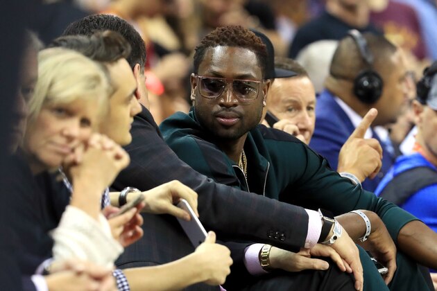 CLEVELAND, OH - JUNE 09: Dwyane Wade of the Chicago Bulls attends Game 4 of the 2017 NBA Finals between the Golden State Warriors and the Cleveland Cavaliers at Quicken Loans Arena on June 9, 2017 in Cleveland, Ohio. NOTE TO USER: User expressly acknowledges and agrees that, by downloading and or using this photograph, User is consenting to the terms and conditions of the Getty Images License Agreement.  (Photo by Ronald Martinez/Getty Images)