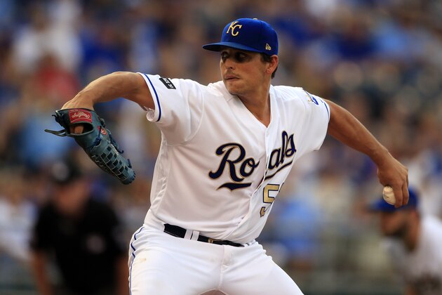 Kansas City Royals starting pitcher Jason Vargas delivers to a Cleveland Indians batter during the first inning of a baseball game at Kauffman Stadium in Kansas City, Mo., Friday, June 2, 2017. (AP Photo/Orlin Wagner)