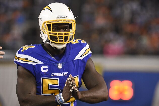 San Diego Chargers outside linebacker Melvin Ingram reacts during the second half of an NFL football game against the Denver Broncos  Thursday, Oct. 13, 2016, in San Diego. (AP Photo/Denis Poroy)