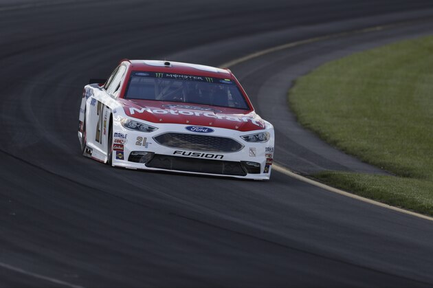 Ryan Blaney in action during qualifying for Sunday's NASCAR Cup Series Pocono 400 auto race, Friday, June 9, 2017, in Long Pond, Pa. (AP Photo/Matt Slocum)
