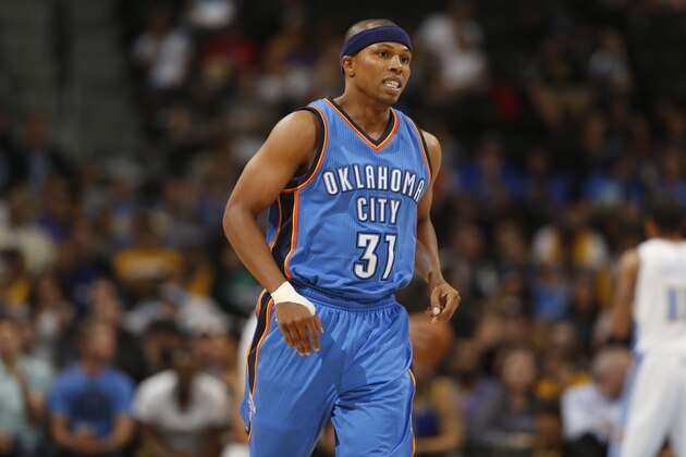 Oklahoma City Thunder guard Sebastian Telfair runs court against the Denver Nuggets in the fourth quarter of the Nuggets' 114-101 victory in an NBA exhibition basketball game in Denver on Wednesday, Oct. 8, 2014. (AP Photo/David Zalubowski)