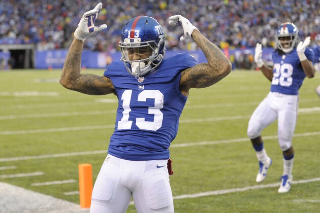 Odello Beckham Jr, de los Giants de Nueva York, festeja luego de conseguir un touchdown en el encuentro del domingo 18 de diciembre de 2016, ante los Lions de Detroit (AP Foto/Bill Kostroun)