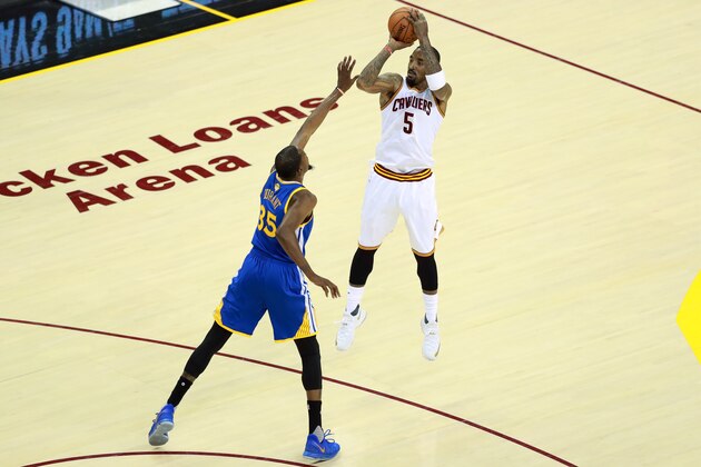 CLEVELAND, OH - JUNE 9: J.R. Smith #5 of the Cleveland Cavaliers shoots the ball against the Golden State Warriors in Game Four of the 2017 NBA Finals on June 9, 2017 at Quicken Loans Arena in Cleveland, Ohio. NOTE TO USER: User expressly acknowledges and agrees that, by downloading and/or using this photograph, user is consenting to the terms and conditions of the Getty Images License Agreement. Mandatory Copyright Notice: Copyright 2017 NBAE (Photo by Jeff Haynes/NBAE via Getty Images)