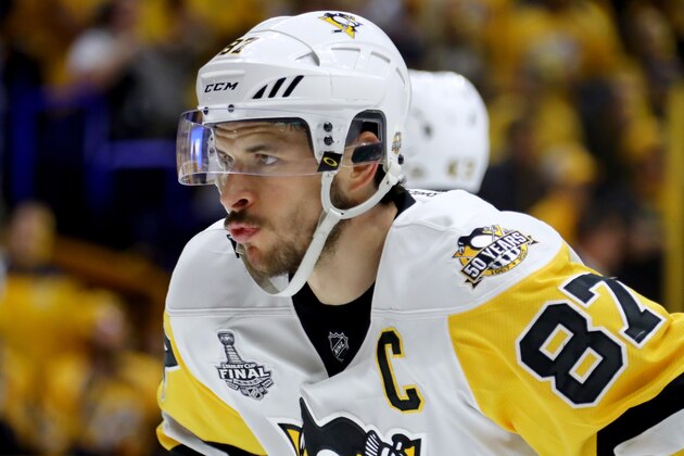 NASHVILLE, TN - JUNE 11:  Sidney Crosby #87 of the Pittsburgh Penguins looks on against the Nashville Predators during the first period in Game Six of the 2017 NHL Stanley Cup Final at the Bridgestone Arena on June 11, 2017 in Nashville, Tennessee.  (Photo by Bruce Bennett/Getty Images)