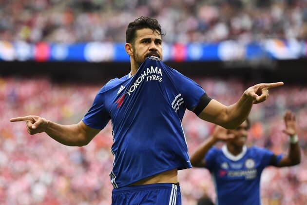 LONDON, ENGLAND - MAY 27:  Diego Costa of Chelsea celebrates scoring his sides first goal during the Emirates FA Cup Final between Arsenal and Chelsea at Wembley Stadium on May 27, 2017 in London, England.  (Photo by Mike Hewitt/Getty Images)