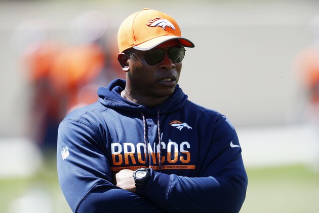 Denver Broncos head coach Vance Joseph looks on during the team's NFL football minicamp session Monday, June 5, 2017, in Englewood, Colo. (AP Photo/David Zalubowski)