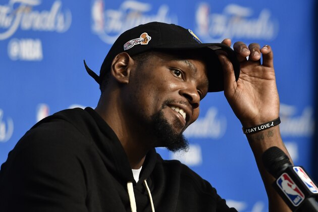 CLEVELAND, OH - JUNE 9:  Kevin Durant #35 of the Golden State Warriors addresses the media following the game against the Cleveland Cavaliers in Game Four of the 2017 NBA Finals on June 9, 2017 at The Quicken Loans Arena in Cleveland, Ohio. NOTE TO USER: User expressly acknowledges and agrees that, by downloading and or using this photograph, user is consenting to the terms and conditions of Getty Images License Agreement. Mandatory Copyright Notice: Copyright 2017 NBAE (Photo by David Liam Kyle/NBAE via Getty Images)