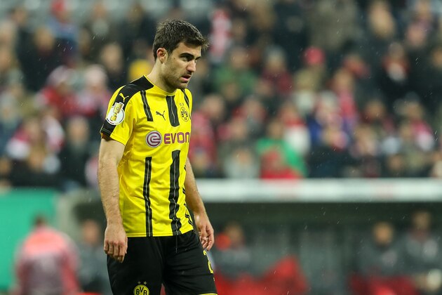 MUNICH, GERMANY - APRIL 26: Sokratis of Dortmund looks on during the German Cup (DFB Cup) semi final soccer match between FC Bayern Munich and Borussia Dortmund at the Allianz Arena on April 26, 2017, in Munich, Germany. (Photo by TF-Images/Getty Images)