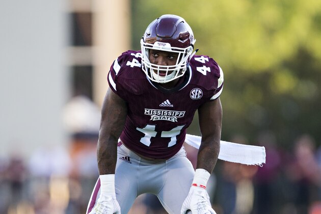 STARKVILLE, MS - SEPTEMBER 10:  Leo Lewis #44 of the Mississippi State Bulldogs at the line of scrimmage during a game against the South Carolina Gamecocks at Davis Wade Stadium on September 10, 2016 in Starkville, Mississippi.  The Bulldogs defeated the Gamecocks 27-14.  (Photo by Wesley Hitt/Getty Images)