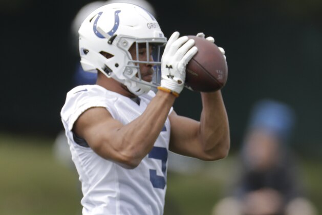 Indianapolis Colts' Trey Griffey makes a catch during the team's organized team activities at its NFL football training facility, Tuesday, May 23, 2017, in Indianapolis. (AP Photo/Darron Cummings)