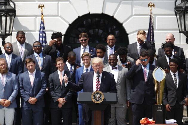 President Donald Trump speaks on the South Lawn of the White House in Washington, Monday, June 12, 2017, during a ceremony honoring the 2016 NCAA Football National Champions Clemson University Tigers. (AP Photo/Pablo Martinez Monsivais) President Donald Trump speaks on the South Lawn of the White House in Washington, Monday, June 12, 2017, during a ceremony honoring the 2016 NCAA Football National Champions Clemson University Tigers. (AP Photo/Pablo Martinez Monsivais)