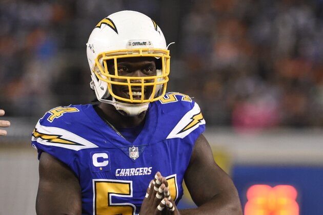 San Diego Chargers outside linebacker Melvin Ingram reacts during the second half of an NFL football game against the Denver Broncos  Thursday, Oct. 13, 2016, in San Diego. (AP Photo/Denis Poroy)
