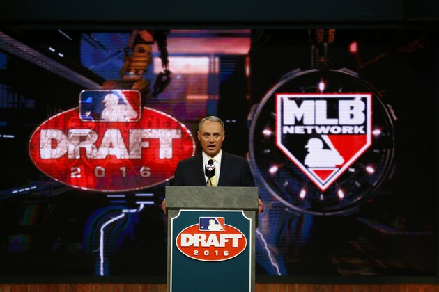 Commissioner Rob Manfred speaks during the Major League Baseball draft, Thursday, June 9, 2016, in Secaucus, N.J. (AP Photo/Julio Cortez)