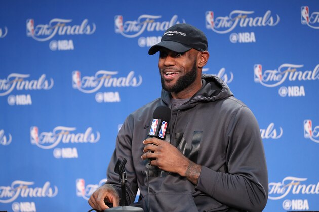 OAKLAND, CA - JUNE 11: LeBron James #23 of the Cleveland Cavaliers speaks to the media during practice and media availability as part of the 2017 NBA Finals on June 11, 2017 at the Warriors Practice Facility in Oakland, California. NOTE TO USER: User expressly acknowledges and agrees that, by downloading and or using this photograph, User is consenting to the terms and conditions of the Getty Images License Agreement. Mandatory Copyright Notice: Copyright 2017 NBAE (Photo by Joe Murphy/NBAE via Getty Images)