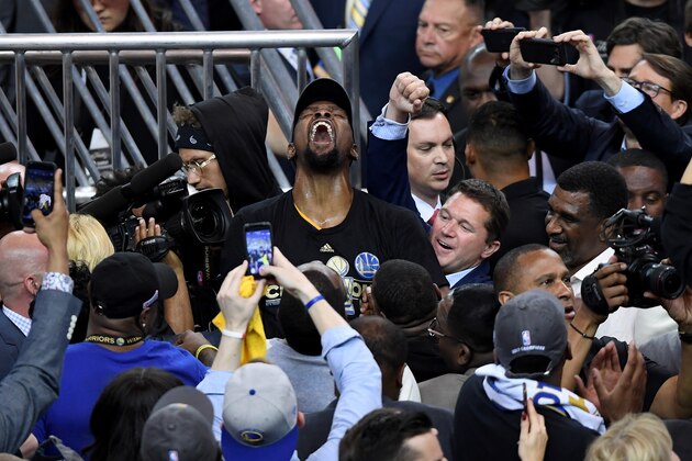 OAKLAND, CA - JUNE 12:  Kevin Durant #35 of the Golden State Warriors celebrates after defeating the Cleveland Cavaliers 129-120 in Game 5 to win the 2017 NBA Finals at ORACLE Arena on June 12, 2017 in Oakland, California. NOTE TO USER: User expressly acknowledges and agrees that, by downloading and or using this photograph, User is consenting to the terms and conditions of the Getty Images License Agreement.  (Photo by Thearon W. Henderson/Getty Images)