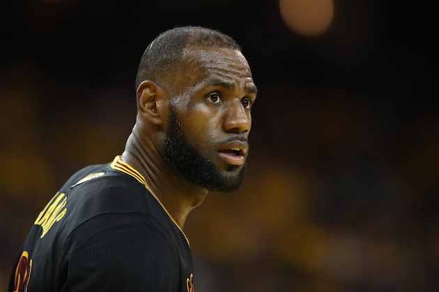 OAKLAND, CA - JUNE 12:  LeBron James #23 of the Cleveland Cavaliers reacts against the Golden State Warriors in Game 5 of the 2017 NBA Finals at ORACLE Arena on June 12, 2017 in Oakland, California. NOTE TO USER: User expressly acknowledges and agrees that, by downloading and or using this photograph, User is consenting to the terms and conditions of the Getty Images License Agreement.  (Photo by Ezra Shaw/Getty Images)
