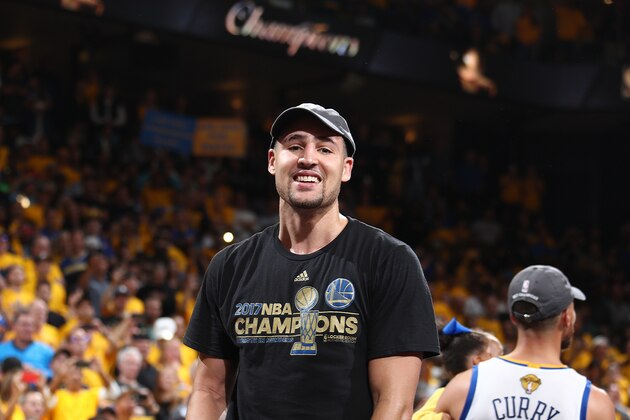 OAKLAND, CA - JUNE 12:  Klay Thompson #11 of the Golden State Warriors smiles and celebrates after winning Game Five of the 2017 NBA Finals against the Cleveland Cavaliers on June 12, 2017 at Oracle Arena in Oakland, California. NOTE TO USER: User expressly acknowledges and agrees that, by downloading and or using this photograph, user is consenting to the terms and conditions of Getty Images License Agreement. Mandatory Copyright Notice: Copyright 2017 NBAE (Photo by Nathaniel S. Butler/NBAE via Getty Images)