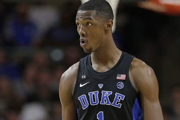 Duke's Harry Giles (1) walks up the court in the second half of an NCAA basketball game against Wake Forest in Winston-Salem, N.C., Saturday, Jan. 28, 2017. Duke won 85-83. (AP Photo/Chuck Burton)